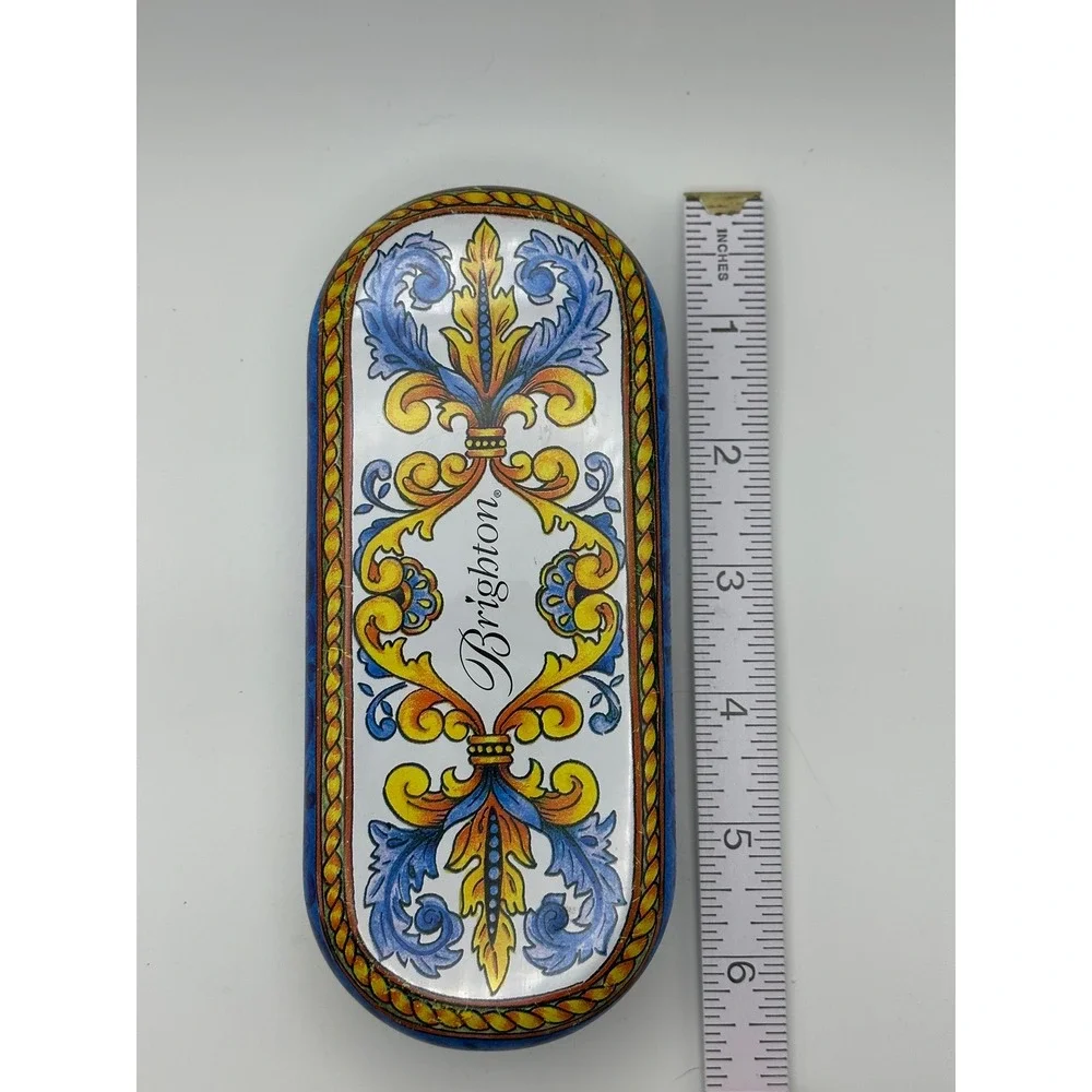 Brighton Hard Shell Sunglasses Case Blue Yellow Floral Scroll Metal Tin Eyewear
